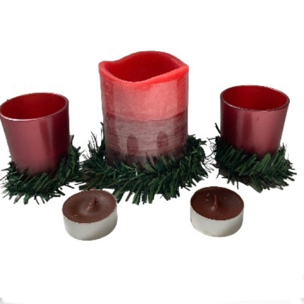 Flameless and Tea Candle Set with Garland and 2 Toned Red Candles Set of 5